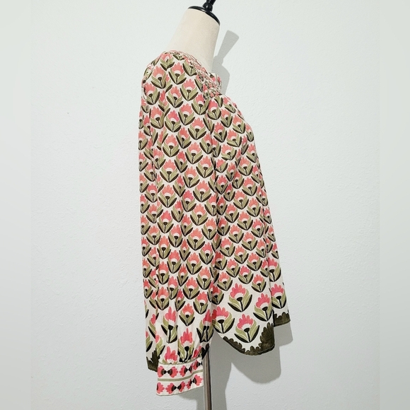 Talbots Women’s Medium Floral Boho Peasant Blouse 100% Cotton Pink Green Long Sl - Picture 3 of 12